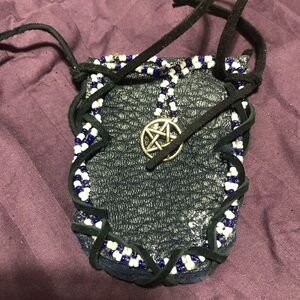 Handcrafted leather Black Beaded Pouch with pentagram